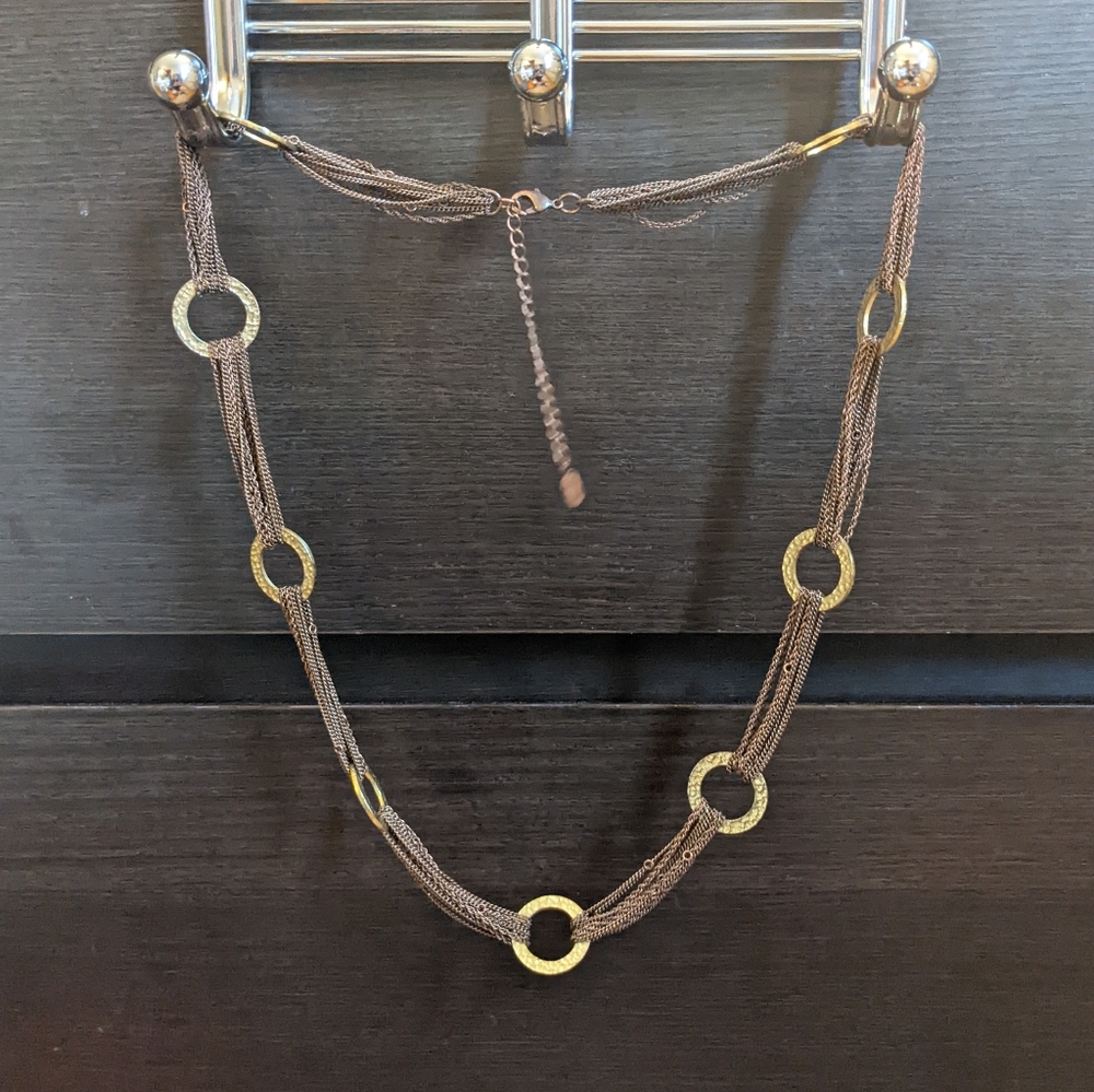 Long necklace with brown metal links + gold rings